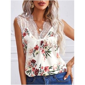 Boho White Floral Print Lace Sleeveless Top